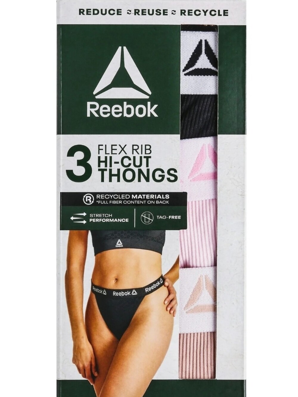 Reebok 3-Pack Flex Rib Hi-Cut Thongs - Black, Pink, White